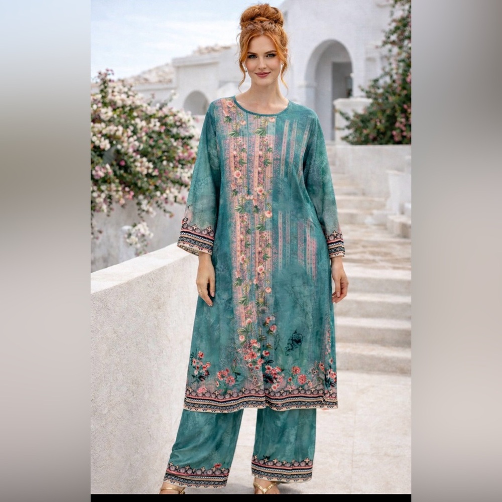 3 piece set 30” ptp Elegant Green Longline Jacket with pants and tank top